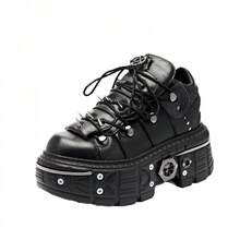 Women's Platform Biker Boots Lace Up Motorcycle Ankle Boots Black Metal Combat Y2K Goth Punk Booties Fashion Shoes Outdoor Footwear Rock Boots - 黑色 - 查看 2