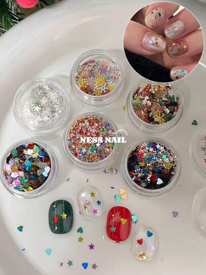 Y2K美甲装饰，圣诞激光星形闪粉，白色雪花，星形，彩色心形，圣诞圆点图案，DIY美甲装饰，万圣节，圣诞节，情人节，美甲配件，美甲产品，美甲用品