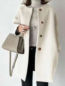 Plus Size Mid-Length Coat, Front Button Closure, Round Neck, Long Sleeve, Solid Color Woolen Coat, Autumn/Winter Bestseller - Beige - View 1