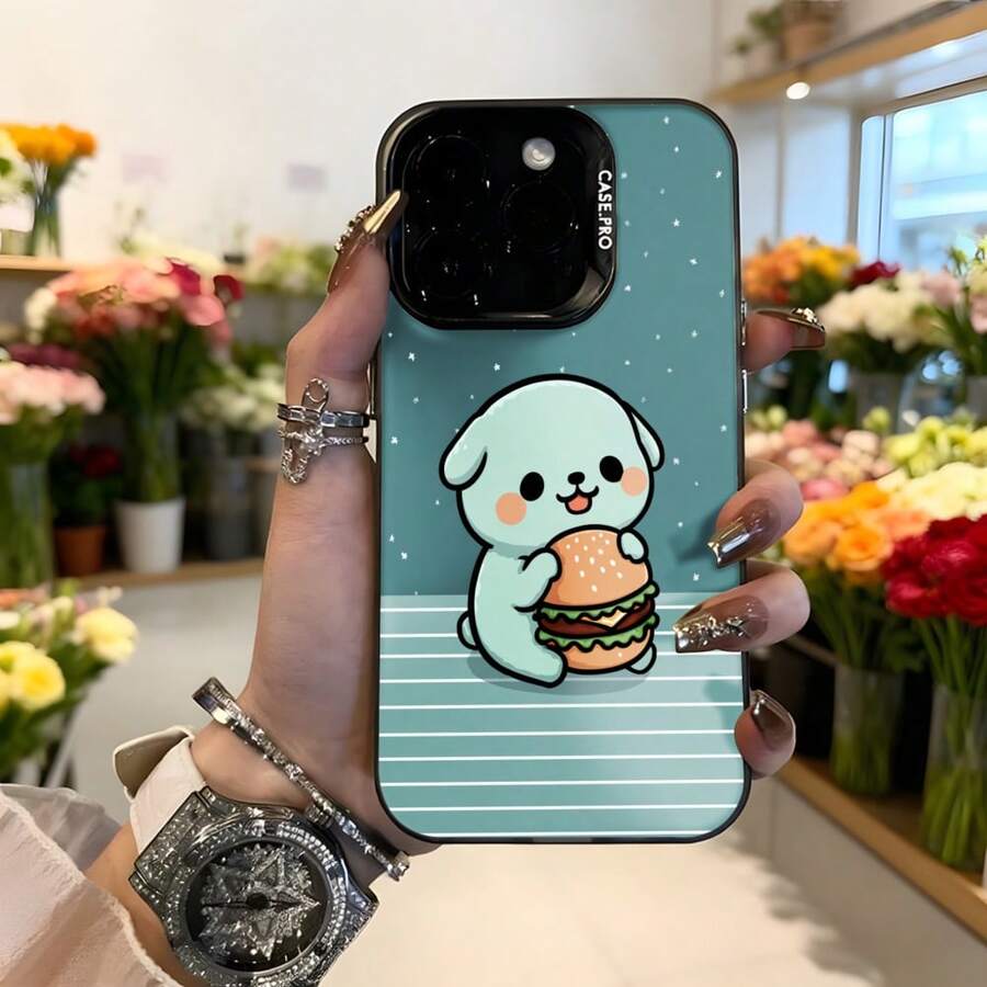 Cubierta de telefono con diseño de perro kawaii comiendo hamburguesa color turquesa con estrellas y rayas blancas para mujer estilo casual uso diario en floristeria Aplicable a los teléfonos de la serie Apple y Galaxy - Negro - Ver 1