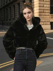 Women's Stylish Black Faux Fur Cropped Hooded Jacket With Long Sleeves And Zipper Detail For A Chic Winter Look