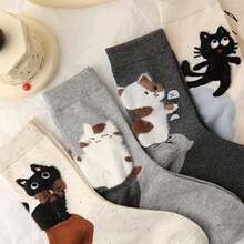 4 Pairs Of New Autumn And Winter Collection Cartoon Cat Minimalist Design Ins  High Appearance Level Mid-Calf Socks - 4 CÁI - Xem 2