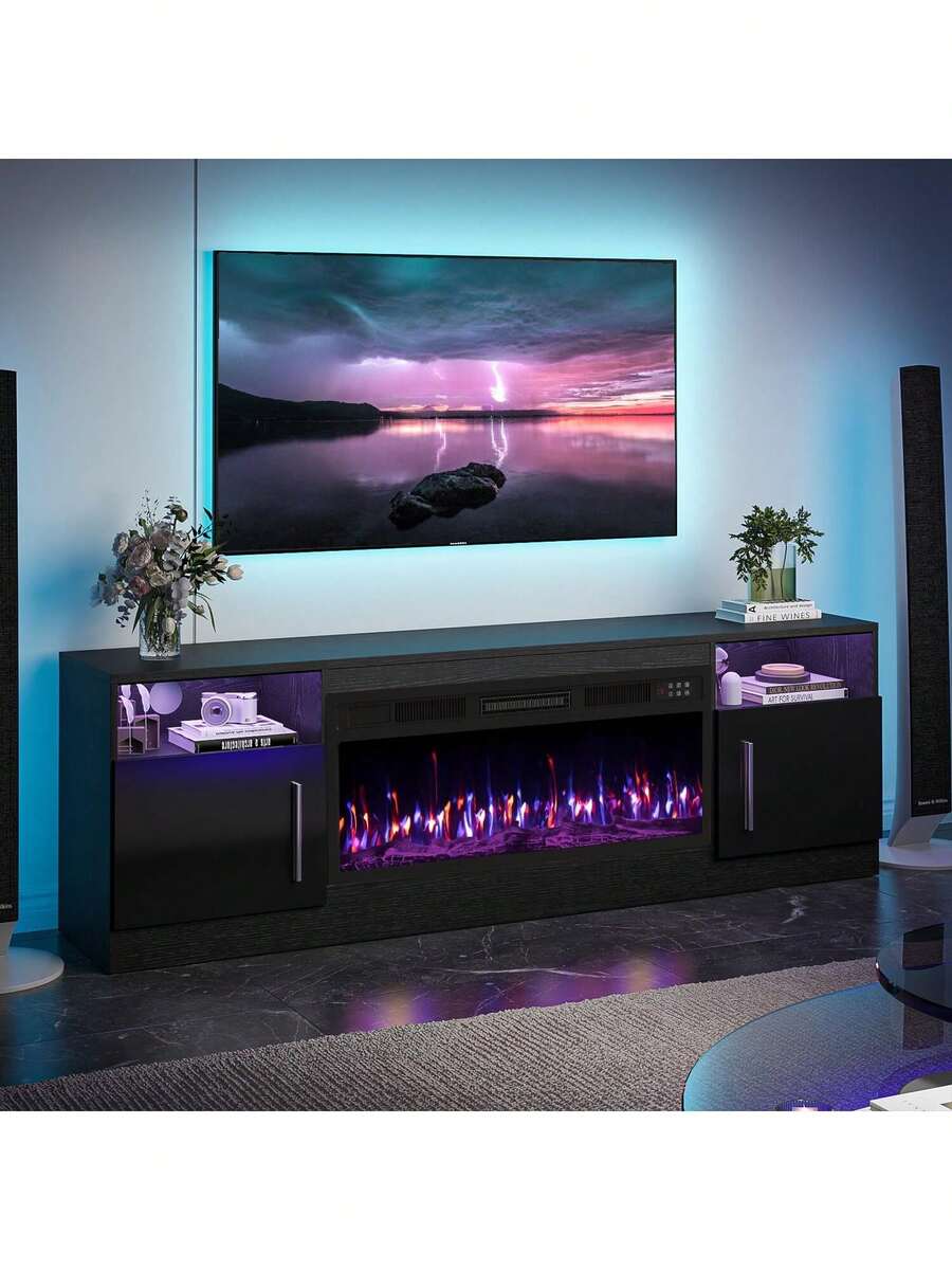 [2 Packages Shipping]Fireplace TV Stand With 36" Fireplace, Up To 80" TVs, 70" Entertainment Center, With20 Color Lights, TV Media Console With Storage Cabinets For Living Room,Thanksgiving,Christmas  Gift - 黑色 - 查看 1