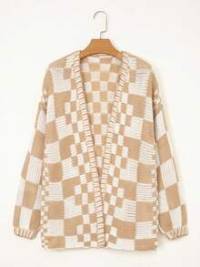 Áo khoác cardigan dệt kim họa tiết caro hỗn hợp hở phía trước - Màu Xám nhạt - Xem 5