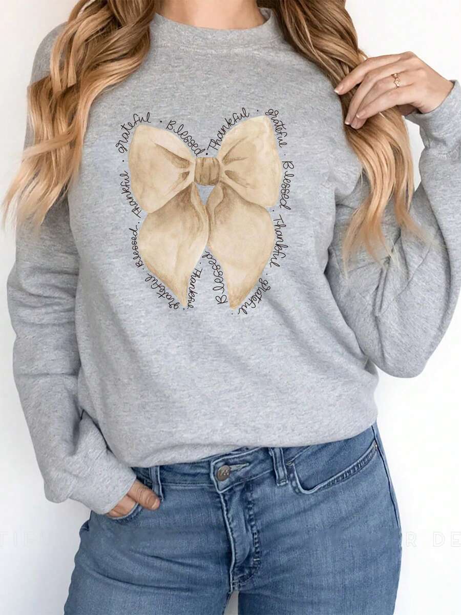 Black Oversized Sweatshirt With Large Beige Bow Print Puff Sleeves Casual Chic Style Soft Cotton Blend Relaxed Fit For Women Perfect For Lounging At Home Or Casual Outings - 灰色 - 查看 1