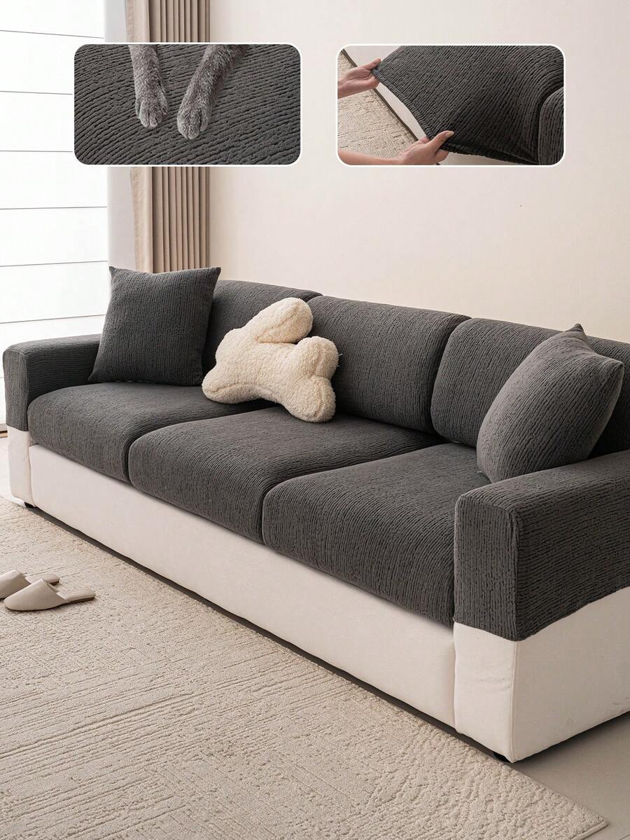 1pc Plush Jacquard Anti-Slip Sofa Seat Cushion Cover, Soft & Skin-Friendly, Pet-Proof, Elastic Sofa Slipcover, Suitable For L-Shaped Combination Sofa And 1/2/3/4 Seater Sofa (Sold Individually), Modern Minimalist Style, All Season - Dark Grey - View 1