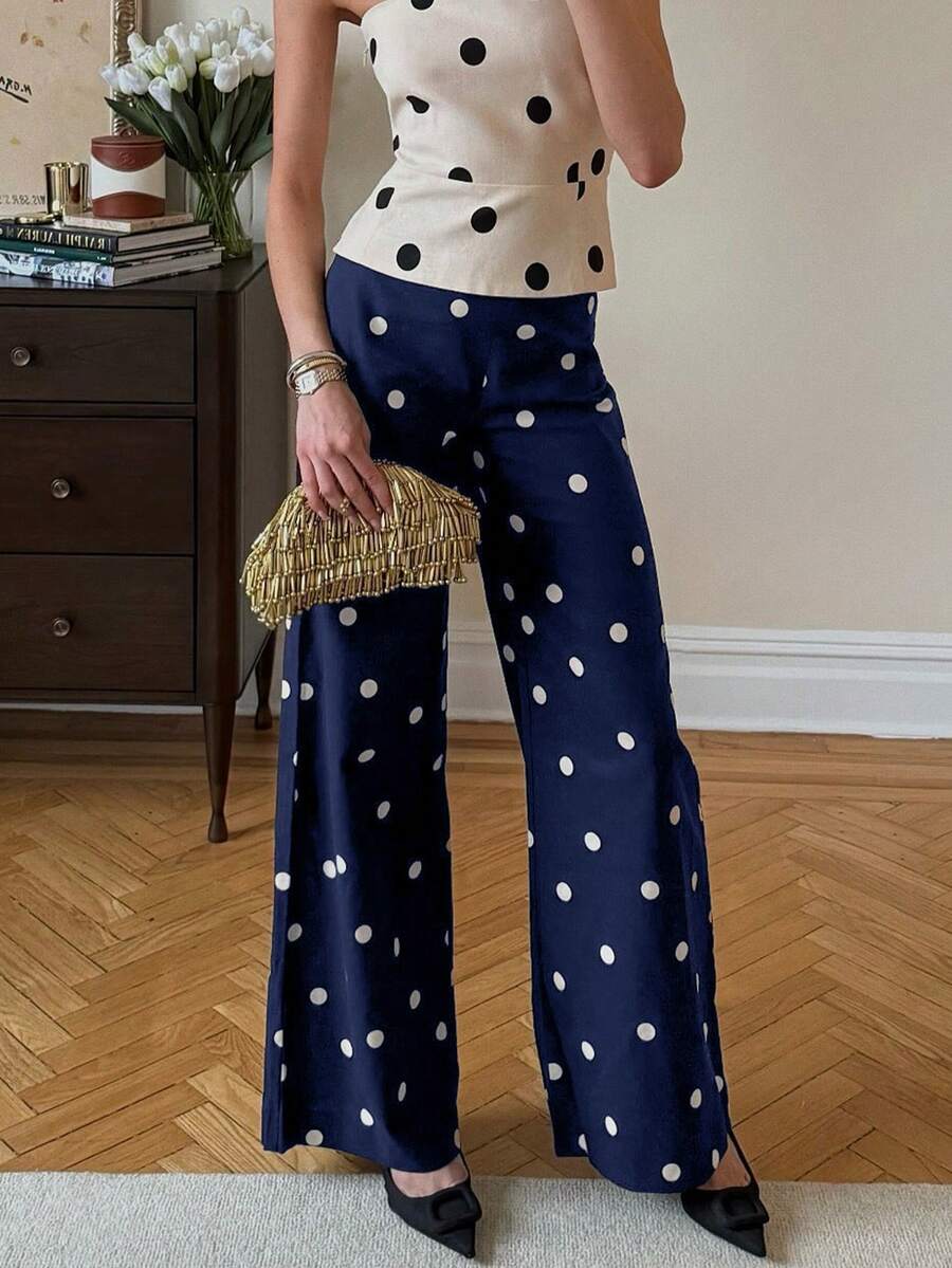 Women's Versatile Comfortable Zipper Polka Dot Straight Leg Pants, Suitable For All Seasons, Y2K Style - Blue - View 1