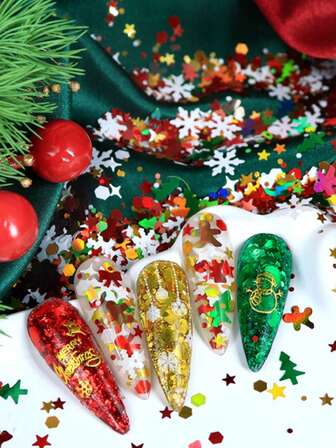 5克全息姜饼人和雪花美甲闪粉，闪亮圣诞树和星星混合亮片美甲装饰