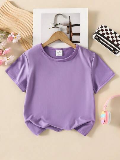 女童纯色圆领短袖休闲T恤