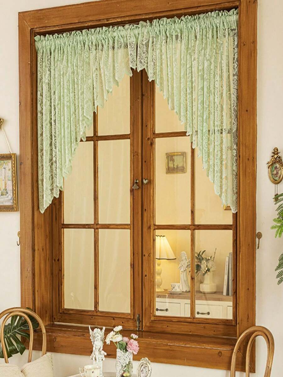 1pc Premium Lace Ruffle Sheer Curtain Panel, Elegant Design With Flower Trim Small Window Valance - Green - View 1