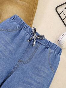 3pcs/Set Kids Light & Medium Blue Washed Denim Jeans, Boys Casual Elastic Waist Pants For Spring & Autumn - Dark Wash - View 5