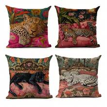 1Pc/4Pcs Vintage Leopard Print Throw Pillow Cover - 17.7*17.7 Inches, 2D Digital Single-Side Printing, Machine Washable With Zipper, Suitable For Farmhouse, Living Room, Bedroom, Sofa, Porch, Patio, Outdoor Decor, Not Insert Included - Multicolor - View 9