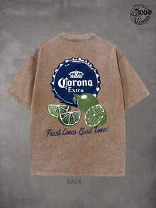 Corona Extra "Fresh Limes Good Times" T-Shirt, Retro Washed T-Shirt With Double-Sided Printed (230G Pure Cotton T-Shirt),Crew Neck, Short Sleeves,Casual Wear With Design, Men's Fall Clothes, Vintage T-Shirt,Unisex Graphic Tee,Men Gifts - 咖啡棕 - 查看 2