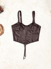 Sexy PU Leather Boned Corset Crop Tops V-Neck Grommet Eyelet Lace Up Front Curved Hem Backless Overbust Shapewear Wide Strap Cami Tank Top For Women Christmas Thanksgiving New Years Party Rave Festival Outfits - 咖色 - 查看 4