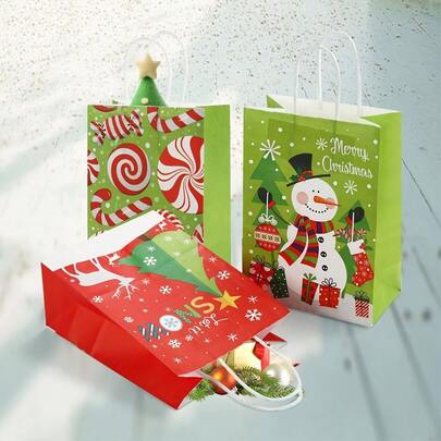 6pcs, Christmas Red And Green Gift Bags, Santa Claus Snowman Christmas Tree Snowflake Elk Candy Gift Bags, Christmas Gift Bags, Retail Shopping Bags, Industrial Gift Bags, Wedding Gift Bags, Christmas Various Styles Gift Bags