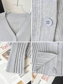 Women's Slim-Fit Gray Ribbed Knit Cardigan | V-Neck Button-Front Layering Top For Christmas Parties, Date Nights & Office Commutes - Light Gray - View 9