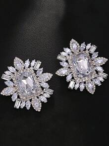 1 Pc Large Silver Rhinestone Clip On Earrings For Women Non Pierced Bling Crystal Statement Earrings - Silver - View 4