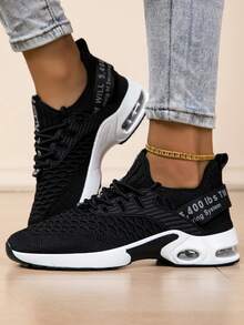 女士春秋新款透气白色低帮系带轻便休闲圆头运动鞋 - 黑色 - 查看 2