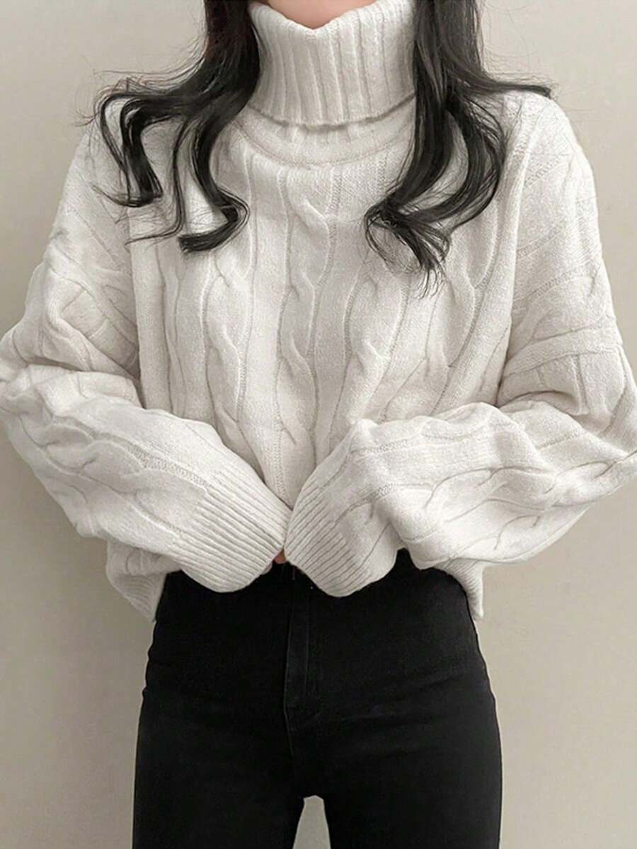 女士宽松舒适高领纯色落肩长袖毛衣