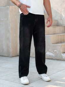 DG XUNLIN MODA 2025Nuevo 2025, ropa masculina de alta calidad, pantalones vaqueros negros de cintura media y recta, tejidos pesados para viajes de Negocios diarios, primavera, otoño e invierno, reuniones de negocios, armarios imprescindibles - Negro - Ver 1