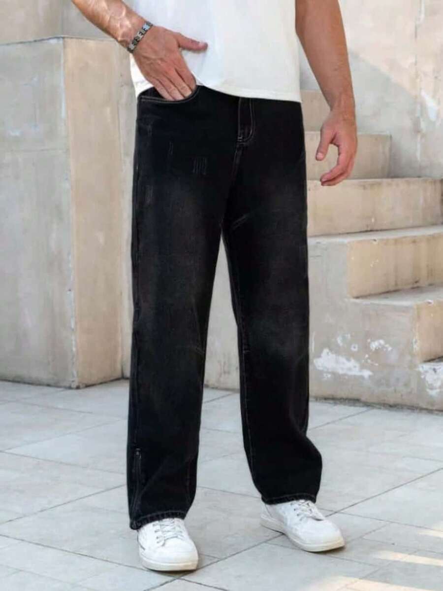 DG XUNLIN MODA 2025Nuevo 2025, ropa masculina de alta calidad, pantalones vaqueros negros de cintura media y recta, tejidos pesados para viajes de Negocios diarios, primavera, otoño e invierno, reuniones de negocios, armarios imprescindibles - Negro - Ver 1