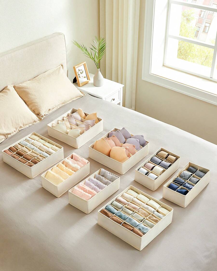 Set di 8 Divisori per Cassetti, Organizzatori per Biancheria Intima Pieghevole, per Reggiseni Mutande Calzini Cravatte, Scatole Portaoggetti in Tessuto per Armadio, Beige - Beige - Visualizzare 1