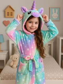 独角兽连帽浴袍，适合女孩、儿童和幼儿 - 温暖毛绒浴袍、幼儿浴袍、舒适睡衣、冬季家居服、生日和圣诞礼物 - 彩色 - 查看 7
