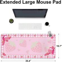 Strawberry Mouse Pad Gaming, Large Mouse Pad Desk, Extended Desk Mousepad With Non - Slip Rubber Base Stitched, Keyboard Gaming Home Office, Pink, 35.4 Inchx 15. Inch - 35.4L X 15.7W Inches + Mpad#pink01-strawberry - View 6