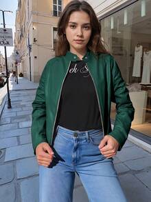Giolshon 女士秋冬 PU 皮革夹克，街头风格设计，带拉链口袋，适合城市通勤和旅行，兼具时尚与实用性。 - 綠色 - 查看 4