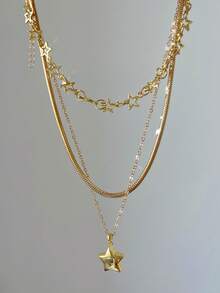 3 件套银星项链，时尚女士链式项链和吊坠项链套装，女士银色项链套装
