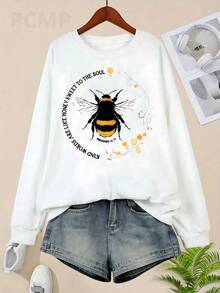 Bee Print Sweatshirt, Long Sleeve Crew Neck Casual Sweatshirt For Fall & Spring, Women's Clothing Christmas Outfit Women Christmas Sweatshirt Fall Clothes For Women Winter Clothes For Women Christmas Decor - 白色 - 查看 1
