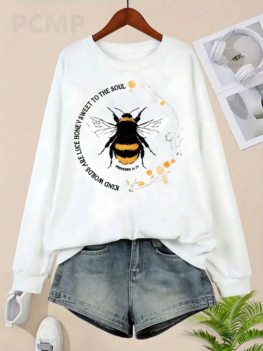 Bee Print Sweatshirt, Long Sleeve Crew Neck Casual Sweatshirt For Fall & Spring, Women's Clothing Christmas Outfit Women Christmas Sweatshirt Fall Clothes For Women Winter Clothes For Women Christmas Decor - 白色 - 查看 1