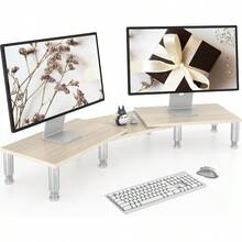 Dual Monitor Riser - Adjustable Length And Angle Wooden Stand For 2 Monitors With Storage - Oak - View 1