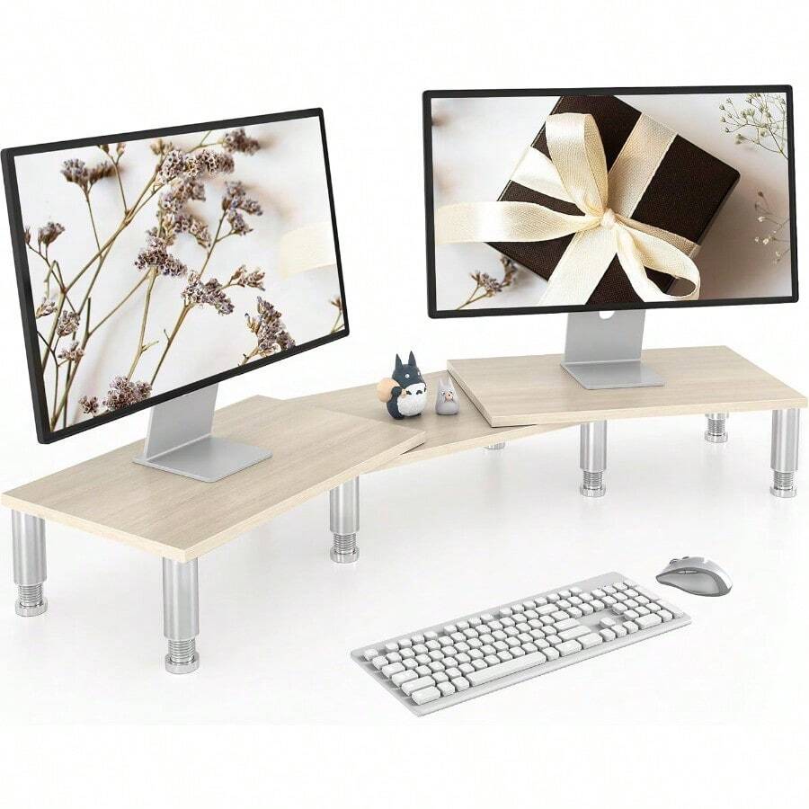 Dual Monitor Riser - Adjustable Length And Angle Wooden Stand For 2 Monitors With Storage - Oak - View 1