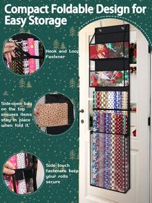 1 pieza Bolsa de almacenamiento de papel de embalaje negro, bolsillo transparente, organizador de papel de regalo, colgante en la puerta, caja de almacenamiento de papel de embalaje de tela Oxford negra con bolsillo, estante plegable para papel de regalo, organización del hogar - Negro - Ver 4