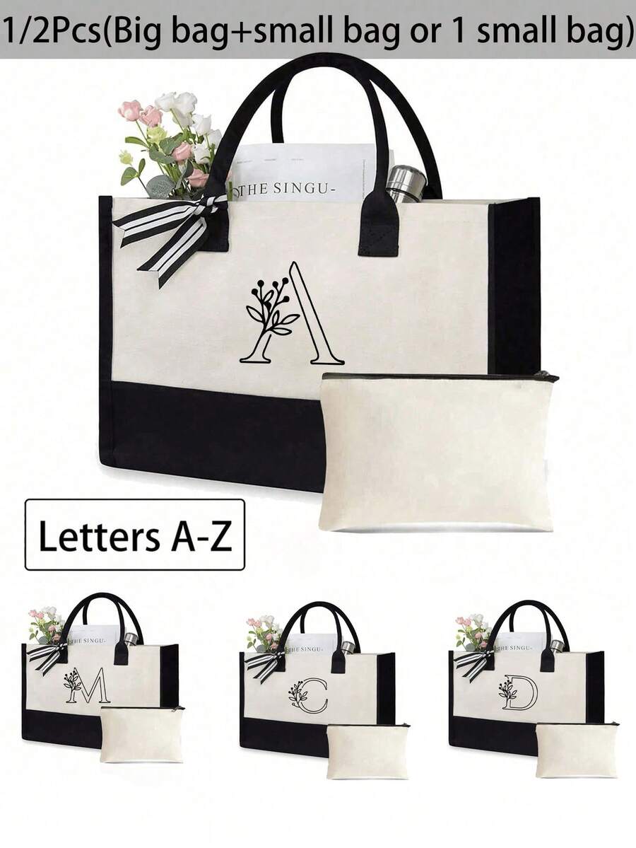 2pcs/Set Canvas Tote Bags, Printed With 26 Black Letters, Customizable, Suitable As Gift Bags For Weddings, Birthdays, Beaches, Vacations, Backpacks, And More, Great Gifts For Women, Moms, Teachers, Friends, Bridesmaids, Students. Large Capacity Tote Bags, Simple & Spacious, Portable Casual Storage Bags, Multi-Purpose Shopping Bags. - Multicolor - View 1