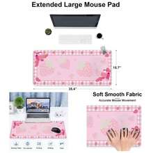 Strawberry Mouse Pad Gaming, Large Mouse Pad Desk, Extended Desk Mousepad With Non - Slip Rubber Base Stitched, Keyboard Gaming Home Office, Pink, 35.4 Inchx 15. Inch - 35.4L X 15.7W Inches + Mpad#pink01-strawberry - View 1
