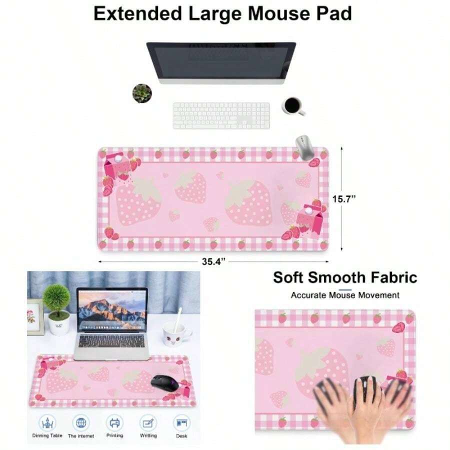 Strawberry Mouse Pad Gaming, Large Mouse Pad Desk, Extended Desk Mousepad With Non - Slip Rubber Base Stitched, Keyboard Gaming Home Office, Pink, 35.4 Inchx 15. Inch - 35.4L X 15.7W Inches + Mpad#pink01-strawberry - View 1