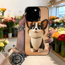 Funda de teléfono con diseño de perro corgi lindo color marrón claro con estampado de animal adorable y texto CASETTO para uso diario en tiendas florales y salidas urbanas Aplicable a los teléfonos de la serie Apple y Galaxy - Negro - Ver 2