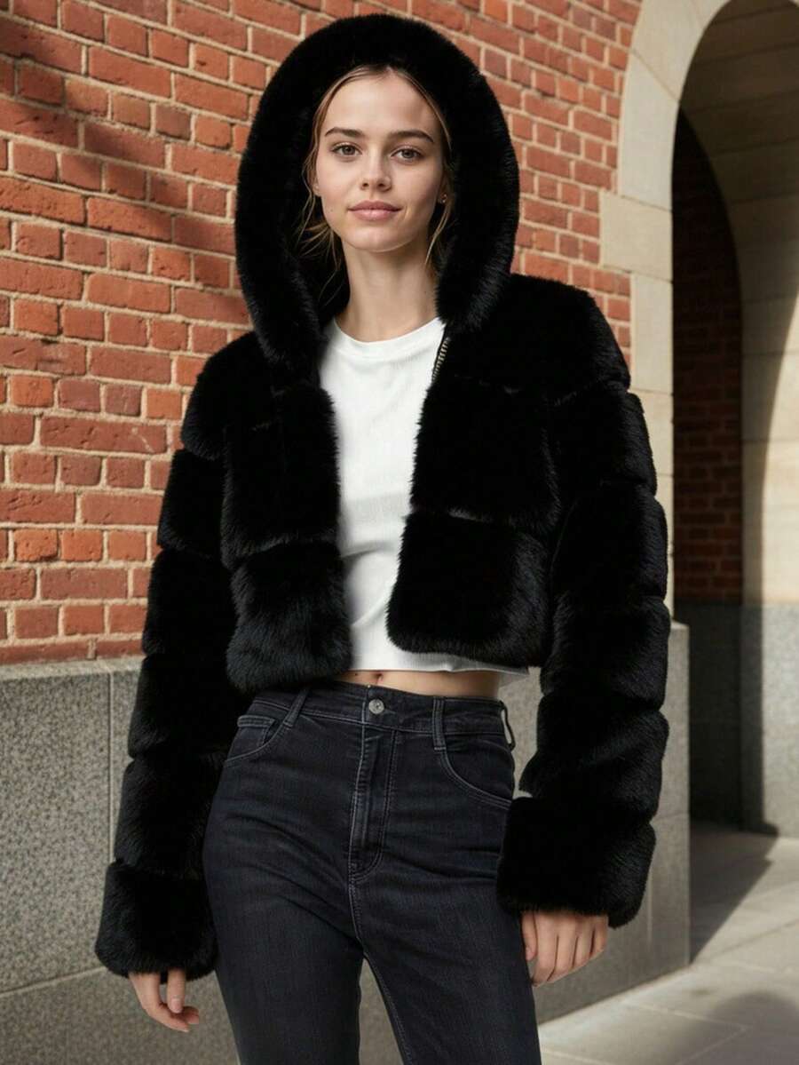 Women's Stylish Black Faux Fur Cropped Hooded Jacket With Long Sleeves And Zipper Detail For A Chic Winter Look