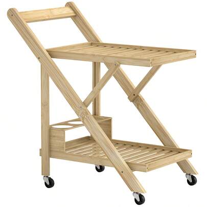 HOMCOM Kitchen Trolley, Serving Cart With Bottle Rack, Countertop, 2 Tiers, Rolling Cart For Office, Kitchen, Living Room, 66 X 40 X 70 Cm, Bamboo, Natural Finish