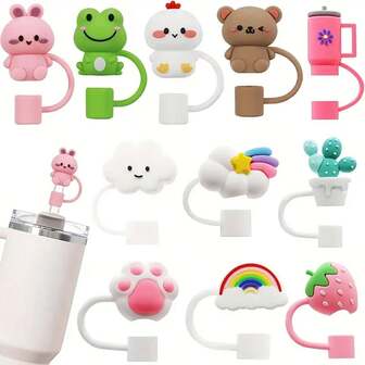 11pcs Cartoon Cute Straw Lids, Fit For 30oz & 40oz Tumblers, 10mm Silicone Straw Tops, Suitable For Work, School, Outdoor, Thanksgiving, New Year Gifts, Straw Lids, Travel Insulated Cups, Tumbler Accessories, Minimalist Design, Practical, Flexible Material, High Quality, Gift For Shoppers, Office Workers