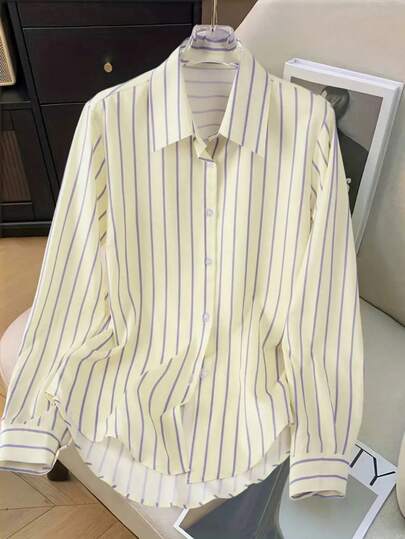 Women's Casual, Office, Commute Versatile Lightweight Striped Print Long Sleeve Loose Blouse, Spring/Autumn