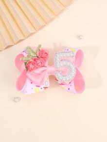 1 chiếc kẹp tóc nơ nhiều màu sắc, số 1-5 đính ngọc trai giả và vương miện hoa, phù hợp cho trẻ nhỏ, phụ kiện tóc dễ thương, quà tặng sinh nhật cho trẻ em. - Hồng - Xem 7