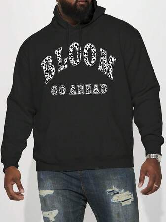 1pc Plus Size Men's Hooded Sweatshirt, Black, Thermal Lined, Thick, Brand Print, Suitable For Daily, Outdoor, Commuting, Autumn/Winter