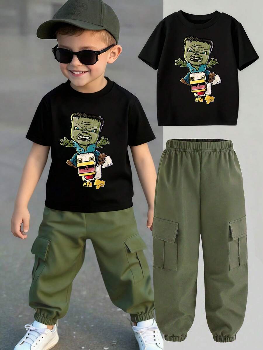 Conjunto de top de manga corta con cuello redondo y pantalones cargo con estampado de dibujos animados para niño pequeño - Negro - Ver 1