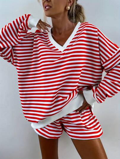 2-Piece Women's Classic Striped Pajama Set, Long-Sleeved Pajama Shorts Set, V-Neck Design, Multiple Colors Available, Stylish, Casual, And Comfortable Pajama Set