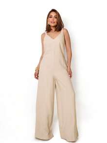Women's Sleeveless Jumpsuit With A V-Neck, Pockets, And Open Back, Made From Woven Fabric. - Màu be - Xem 1