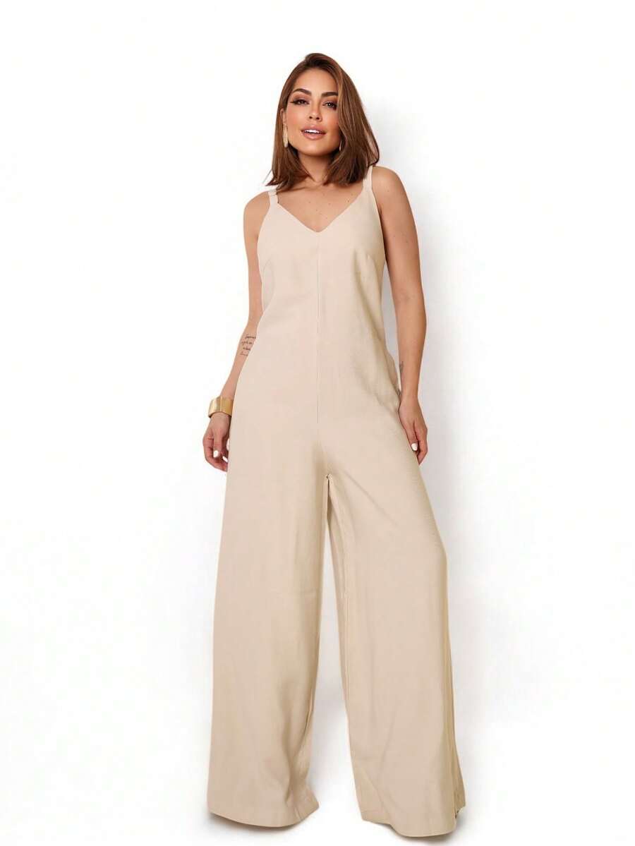 Women's Sleeveless Jumpsuit With A V-Neck, Pockets, And Open Back, Made From Woven Fabric. - Màu be - Xem 1