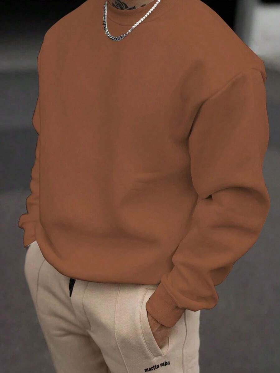 Christmas Outfit Womenchristmas Outfit WomenMen's Solid Color Pullover Sweatshirt, Casual Everyday Wear, For FallLoose And Comfortablewomen Winter Clotheswinter Clothes For Women - 棕色 - 查看 1